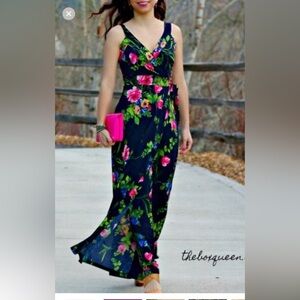 $88 Le Lis Ranada tropical floral faux wrap navy maxi dress Flowy & colorful S M